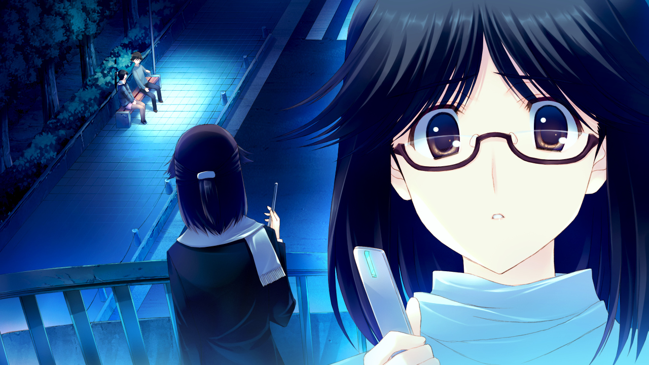black_hair, brown_eyes, game_cg, glasses, kitahara_haruki, male, night, phone