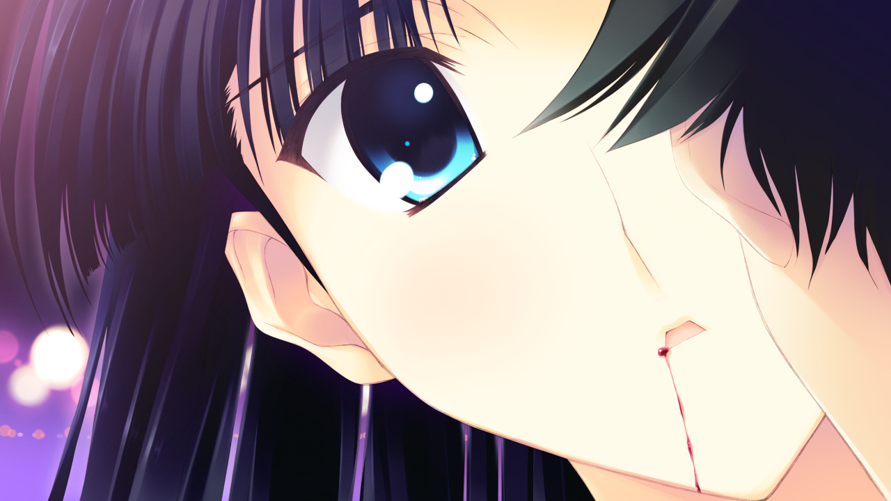 black_hair, blood, blue_eyes, game_cg, kitahara_haruki, skirt, touma_kazusa, white_album_2
