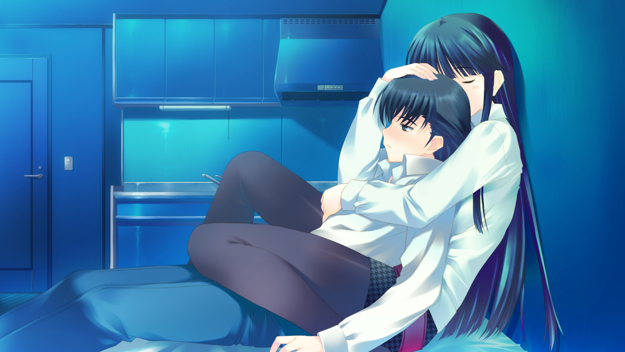 black_hair, game_cg, green_eyes, kitahara_haruki, long_hair, male, pantyhose, short_hair
