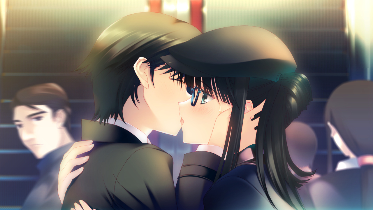 black_hair, blush, close, game_cg, glasses, green_eyes, hat, kiss