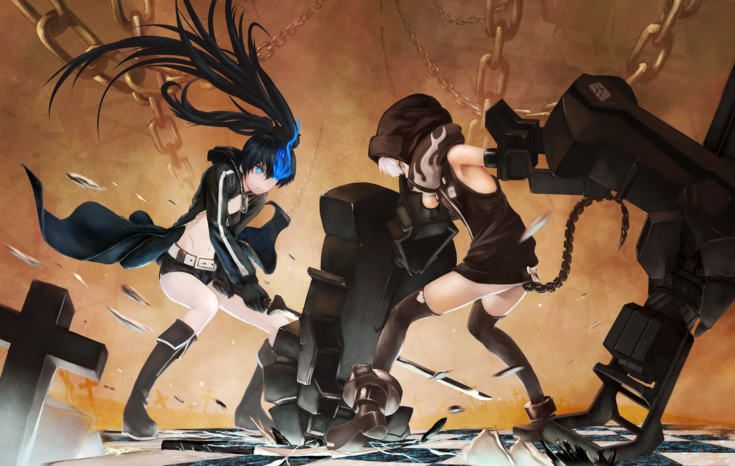 black_hair, black_rock_shooter, blue_eyes, hood, kome_(okome-smile), koutari_yuu, kuroi_mato, long_hair, sword, tail, thighhighs, twintails, weapon, white_hair, yellow_eyes