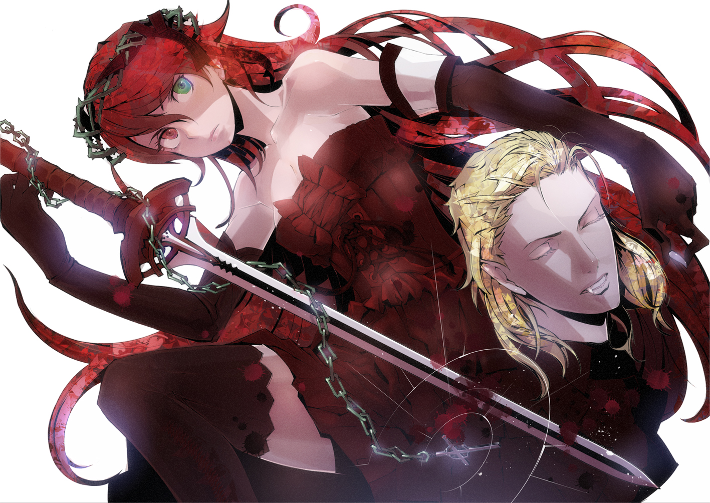 bicolored_eyes, blood, chain, dress, original, red_hair, stregoicavar, sword