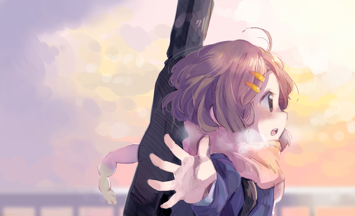 blush, brown_eyes, brown_hair, hirasawa_yui, k-on!, loli, scarf, short_hair, sunameri_oishii