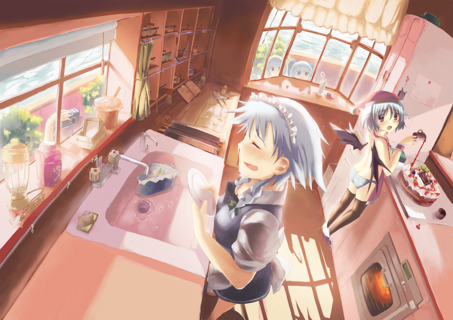 cake, camera, cirno, daiyousei, drink, fairy, food, group