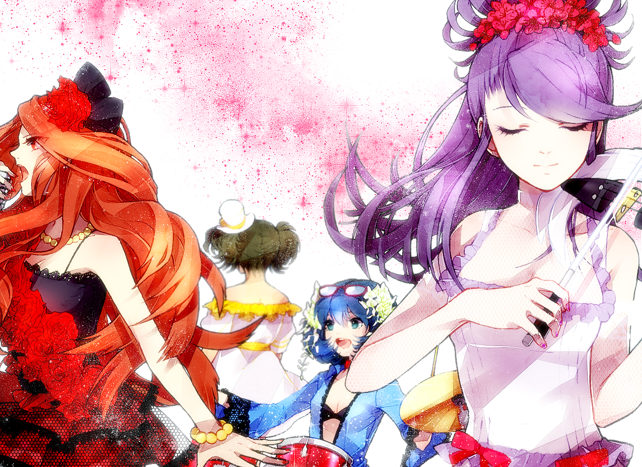 dress, drums, flowers, inazuma_eleven, instrument, kino_aki, kudou_fuyuka, microphone, otonashi_haruna, purple_hair, raimon_natsumi, red_hair, rose, twintails, violin