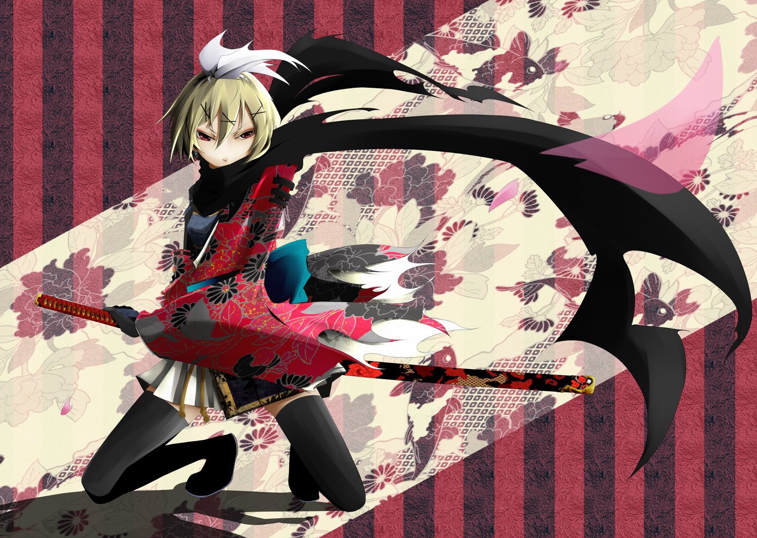 blonde_hair, japanese_clothes, kagamine_rin, katana, mujun_(zipper), sword, thighhighs, vocaloid
