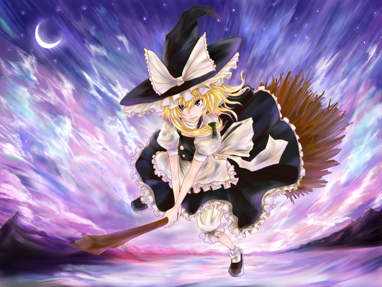 blonde_hair, blue_eyes, clouds, hat, kazabana_kazabana, kirisame_marisa, moon, sky