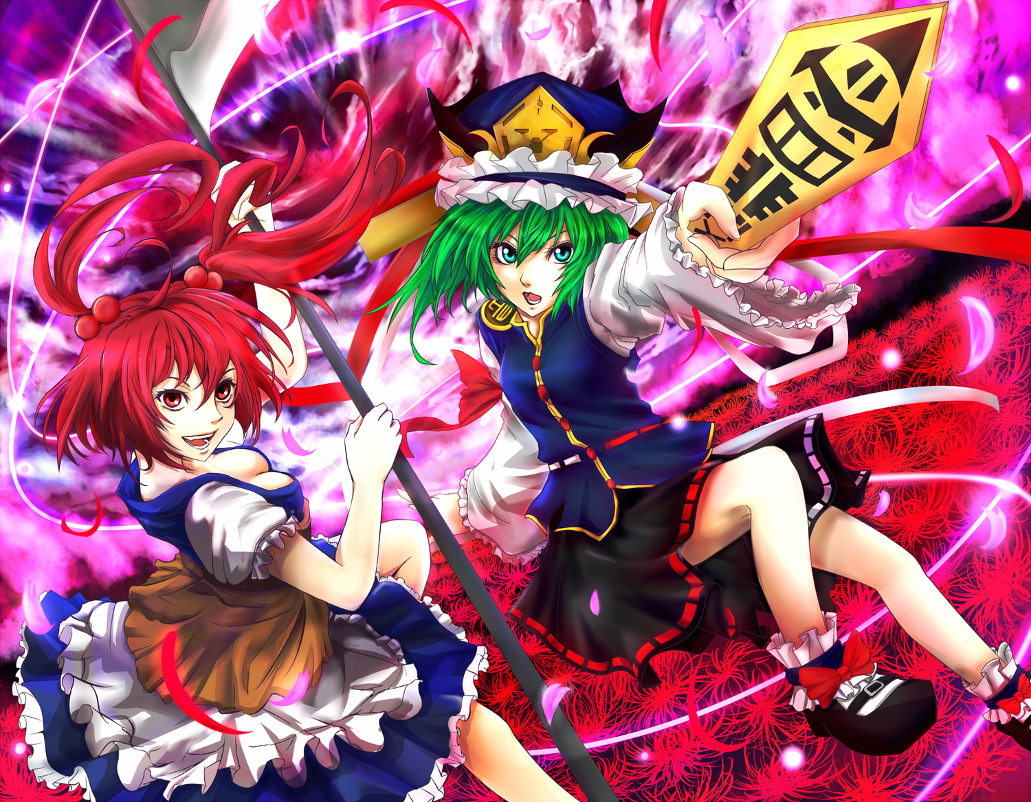 2girls, breasts, cleavage, flowers, hat, kazabana_kazabana, onozuka_komachi, shiki_eiki