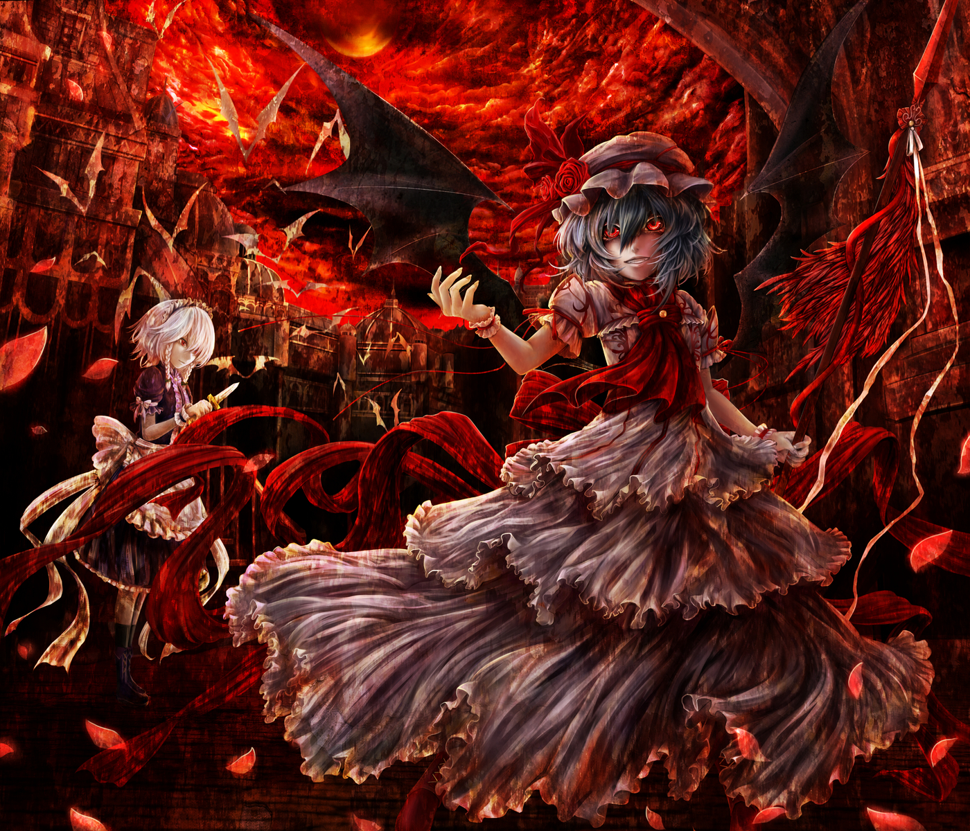 2girls, animal, bat, dress, flowers, hat, izayoi_sakuya, kazabana_kazabana, knife, maid, remilia_scarlet, rose, touhou, vampire, wings