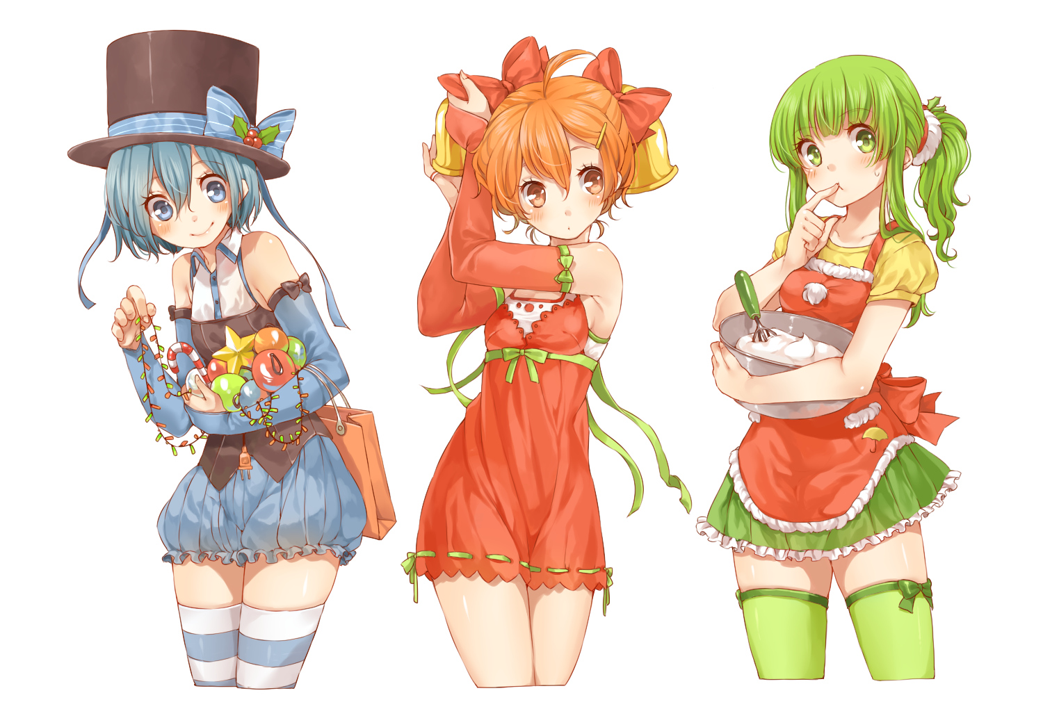 bell_(rbb), blue_(rbb), blue_eyes, blue_hair, blush, candy, christmas, dress