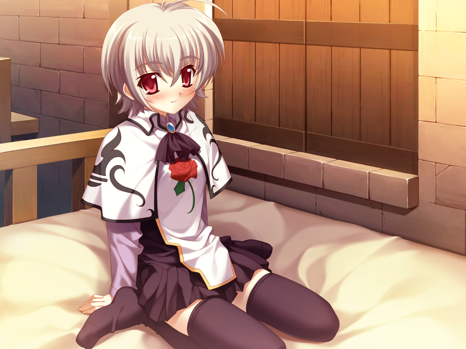 bed, blush, boku_no_te_no_naka_no_rakuen, caramel_box, game_cg, kurosaki, red_eyes, school_uniform
