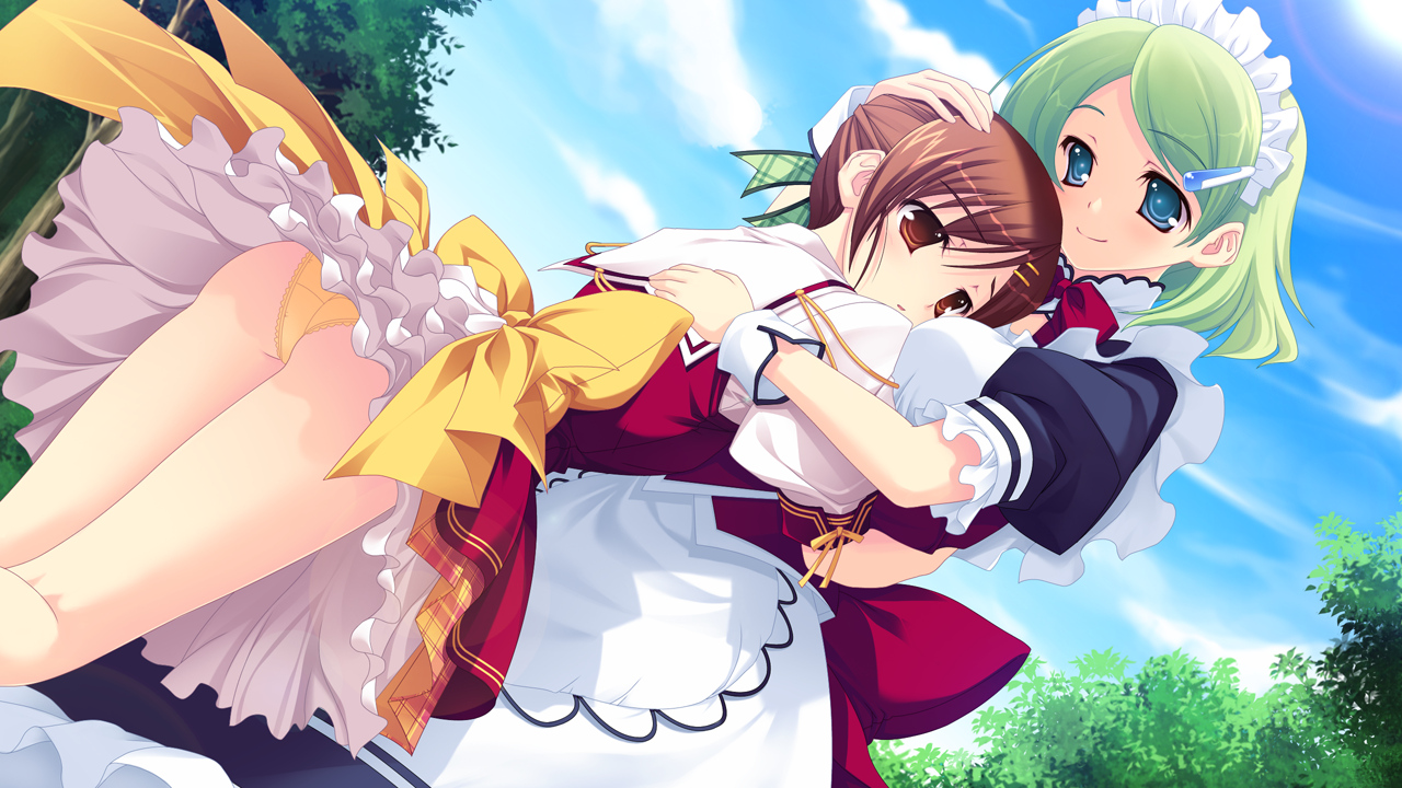 chloe_(kimi_wo_aogi_otome_wa_hime_ni), clouds, game_cg, headdress, hug, kikurage, kimi_wo_aogi_otome_wa_hime_ni, maid