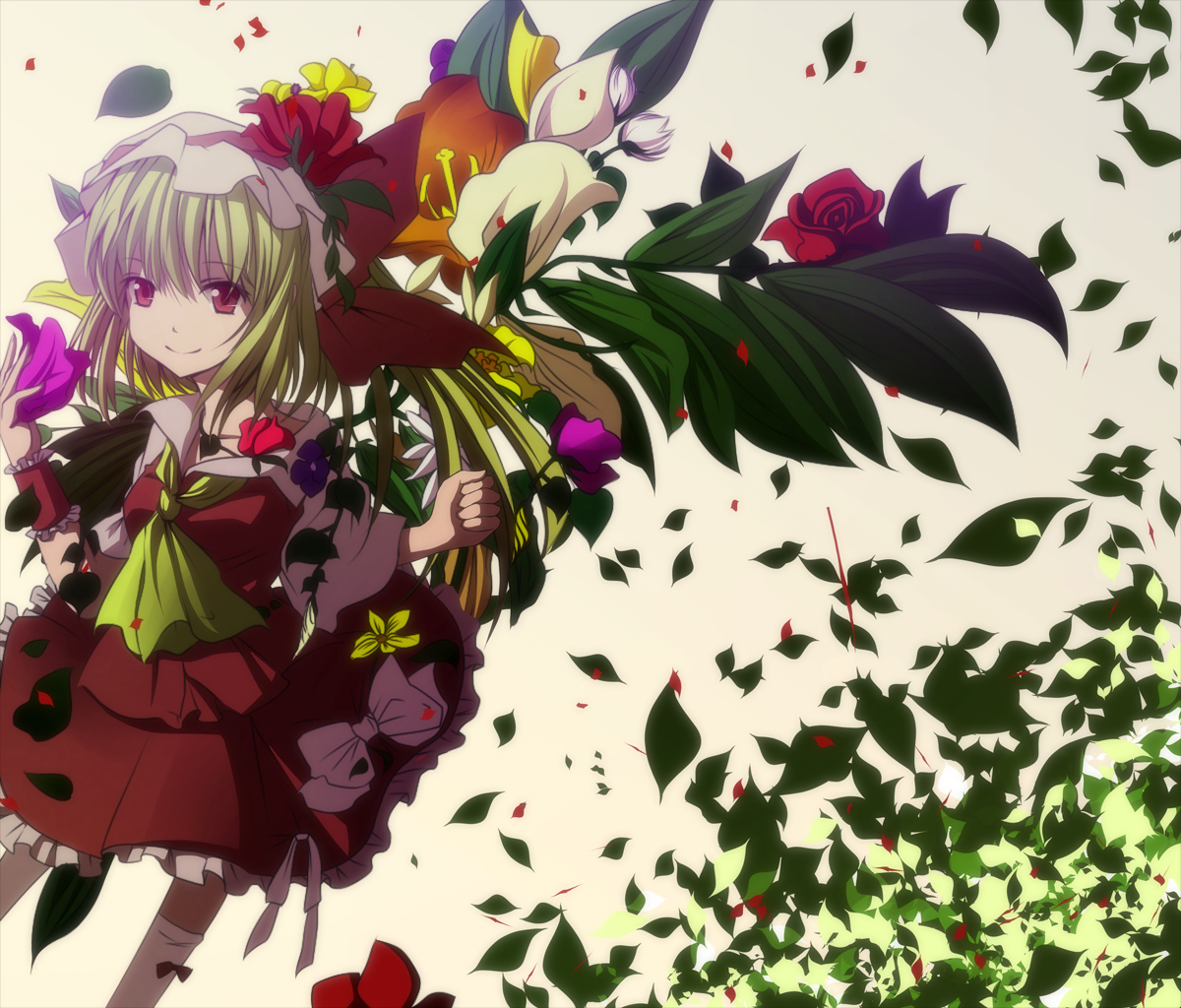 blonde_hair, bow, flandre_scarlet, flowers, hat, red_eyes, short_hair, s-syogo, suzuchi1218, touhou, wings, wristwear