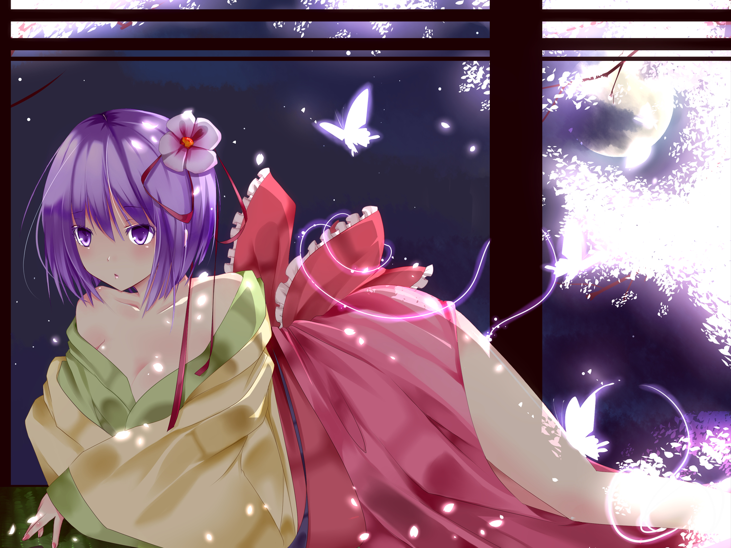 bow, breasts, butterfly, cherry_blossoms, cleavage, flowers, hieda_no_akyuu, japanese_clothes, moon, purple_eyes, purple_hair, short_hair, suzuchi1218, touhou