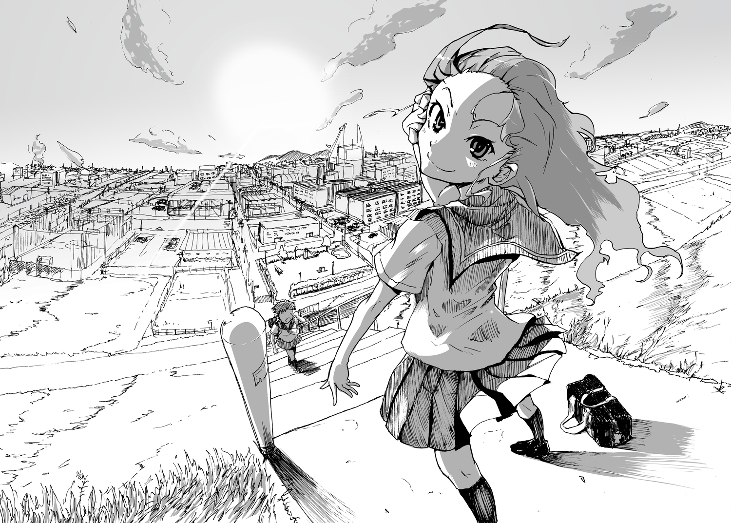 monochrome, original, scenic, school_uniform, taichi_(tomo)