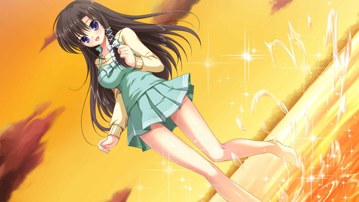 akigase_nozomi, barefoot, black_hair, game_cg, long_hair, manatsu_no_yoru_no_yuki_monogatari, mikeou, sunset