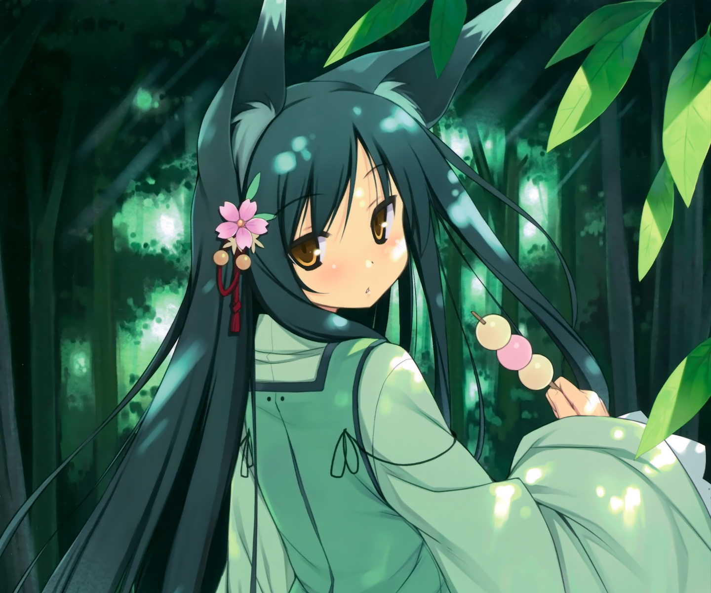 animal_ears, food, foxgirl, green_hair, japanese_clothes, long_hair, original, poco_(asahi_age)