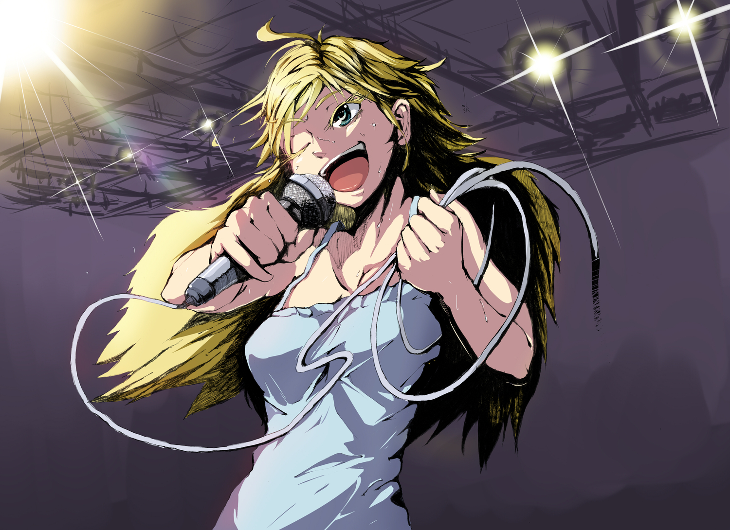 blonde_hair, green_eyes, hoshii_miki, idolmaster, long_hair, microphone, taichi_(tomo)