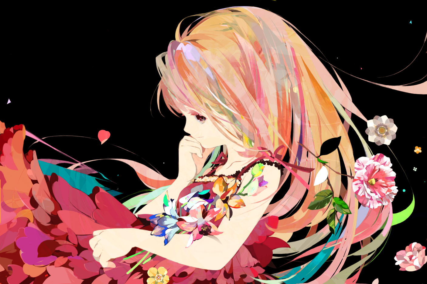 brown_hair, flowers, mochikin_(jijijin), original, red_eyes, skirt