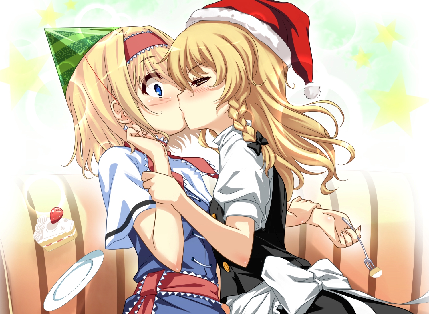 2girls, alice_margatroid, blonde_hair, blue_eyes, blush, brown_eyes, cake, christmas, dress, food, hat, kirisame_marisa, kiss, santa_hat, sea_chicken, short_hair, shoujo_ai, touhou
