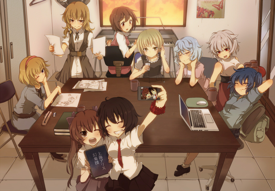alice_margatroid, animal_ears, aoi_(annbi), black_hair, blonde_hair, blue_hair, bow, brown_eyes, brown_hair, camera, gray_hair, group, hat, himekaidou_hatate, instrument, inubashiri_momiji, kawashiro_nitori, kirisame_marisa, lunasa_prismriver, lyrica_prismriver, merlin_prismriver, red_eyes, shameimaru_aya, skirt, touhou, witch, wolfgirl