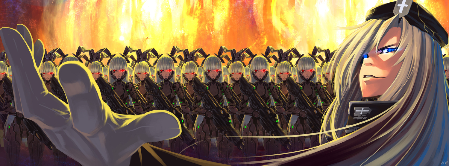 blue_eyes, gun, hat, kong_xian, mechagirl, touhou, weapon, yagokoro_eirin
