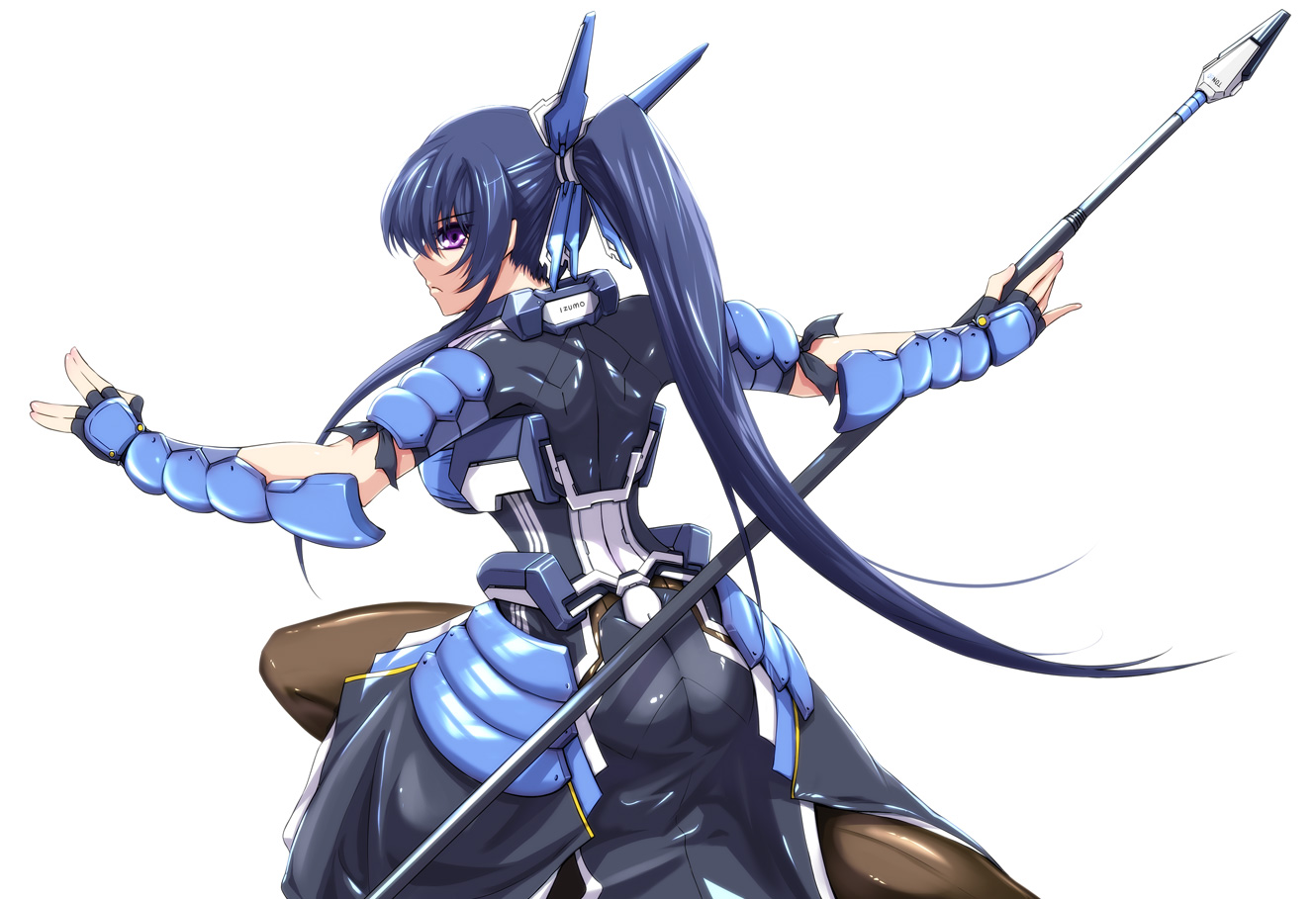 armor, blue_hair, honda_futayo, kaoru348, kyoukai_senjou_no_horizon, long_hair, purple_eyes, weapon, white