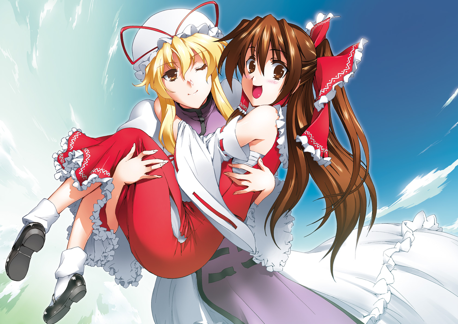 2girls, bow, byeontae_jagga, dress, hakurei_reimu, hat, henshako, japanese_clothes
