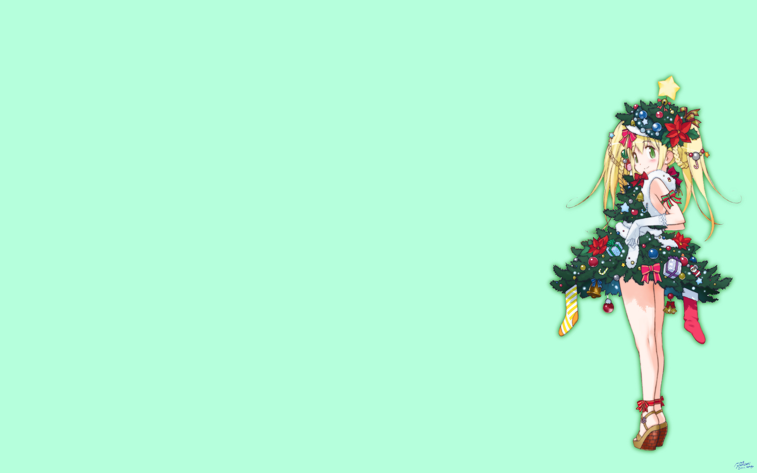 blonde_hair, christmas, dress, gloves, green, green_eyes, twintails, yoshizaki_mine