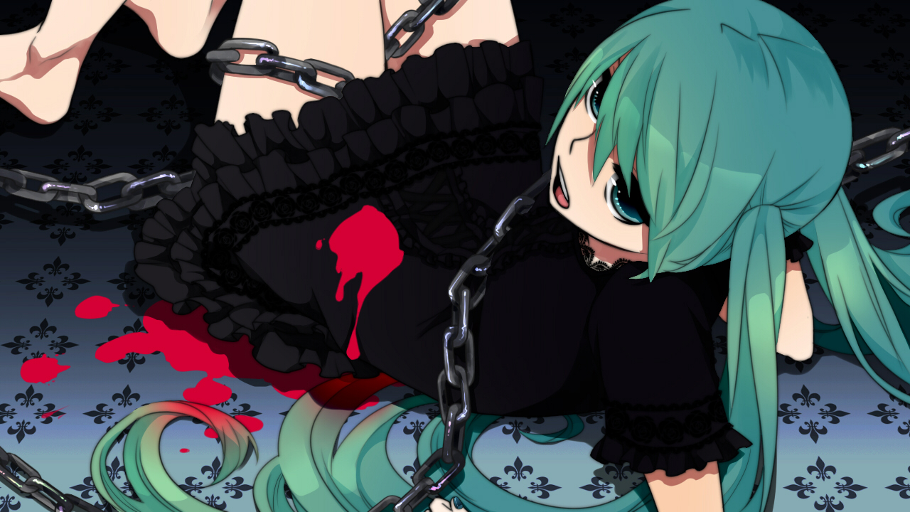 barefoot, blood, chain, hatsune_miku, koyubi, long_hair, twintails, vocaloid