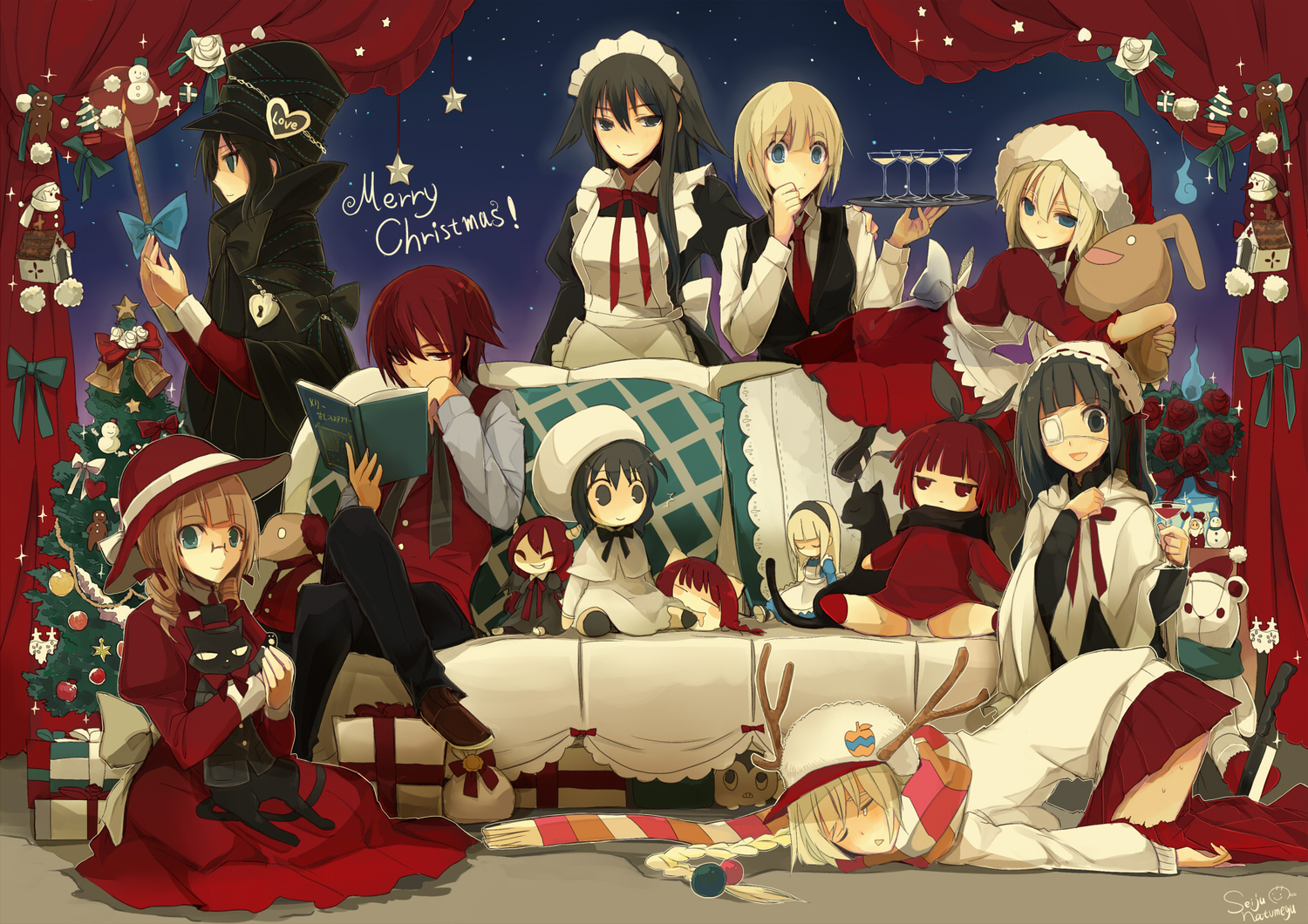 animal, black_hair, blonde_hair, book, bow, cat, christmas, dress, eyepatch, flowers, glasses, group, hat, horns, long_hair, maid, night, original, red_eyes, red_hair, ribbons, rose, seiju_natsumegu, short_hair, stars, weapon