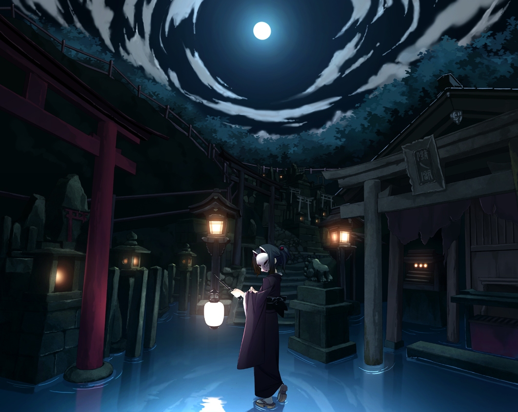 clouds, japanese_clothes, kimono, mask, matsuyama_nozomu, moon, night, original