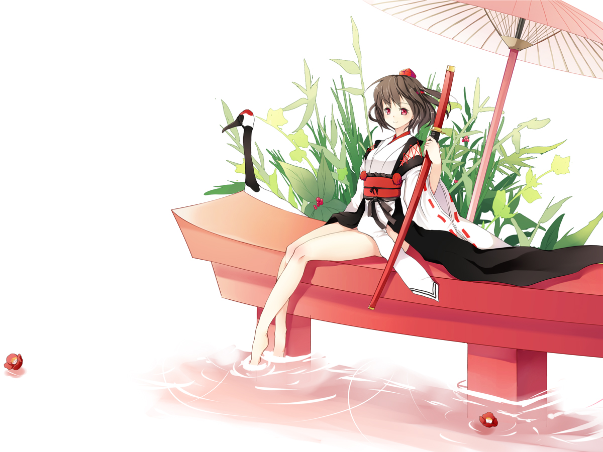 brown_hair, flowers, hat, japanese_clothes, katana, red_eyes, shameimaru_aya, short_hair, sword, touhou, umbrella, watase-ya, water, weapon