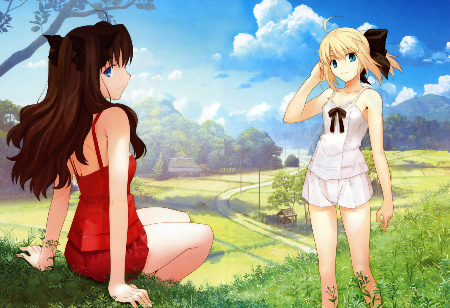 aqua_eyes, artoria_pendragon_(all), blonde_hair, blue_eyes, brown_hair, fate_(series), fate/stay_night, fate/unlimited_codes, long_hair, ponytail, saber, saber_lily, takeuchi_takashi, tohsaka_rin, twintails, type-moon