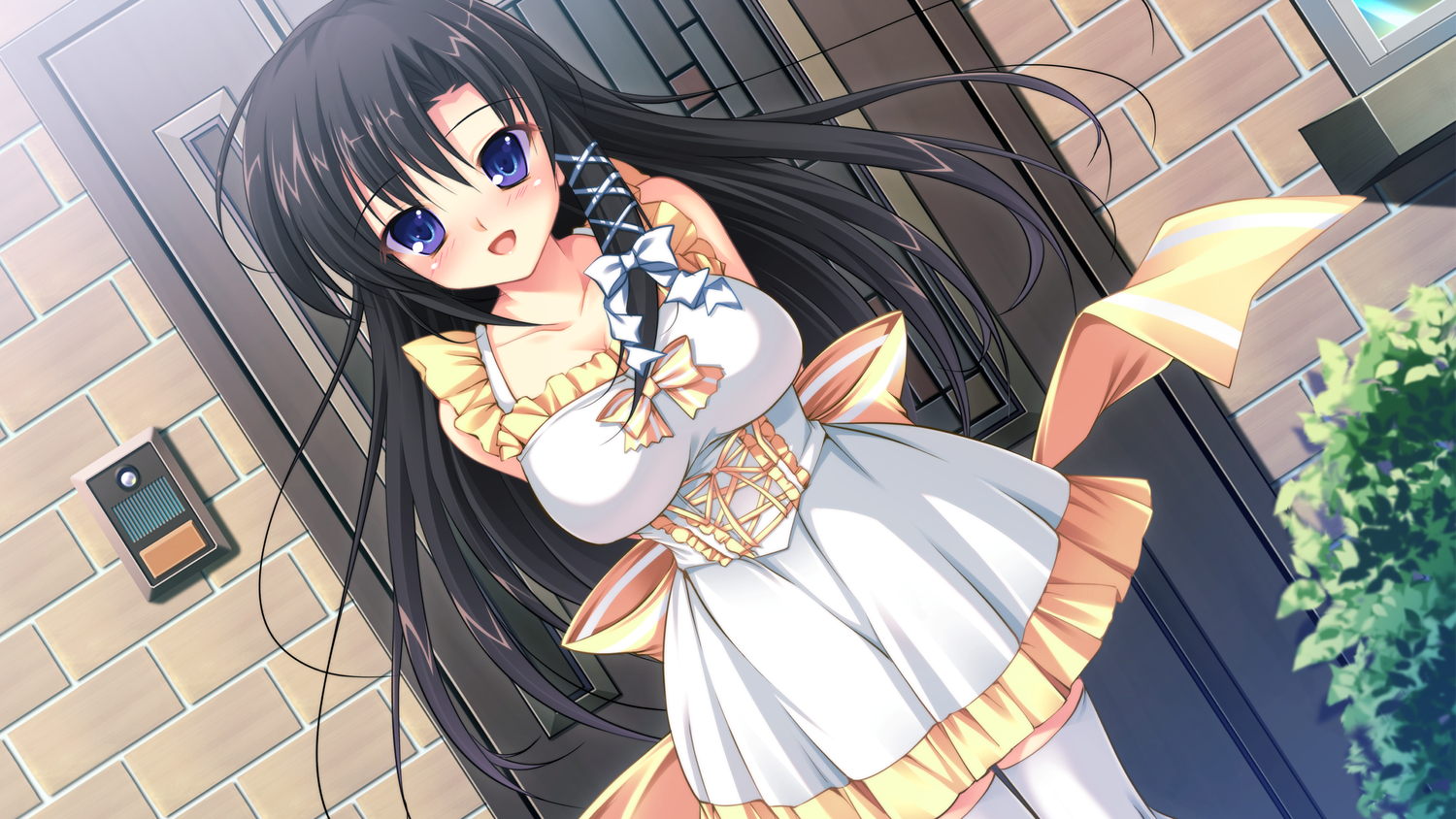 akigase_nozomi, black_hair, dress, game_cg, long_hair, manatsu_no_yoru_no_yuki_monogatari, mikeou, purple_eyes, thighhighs
