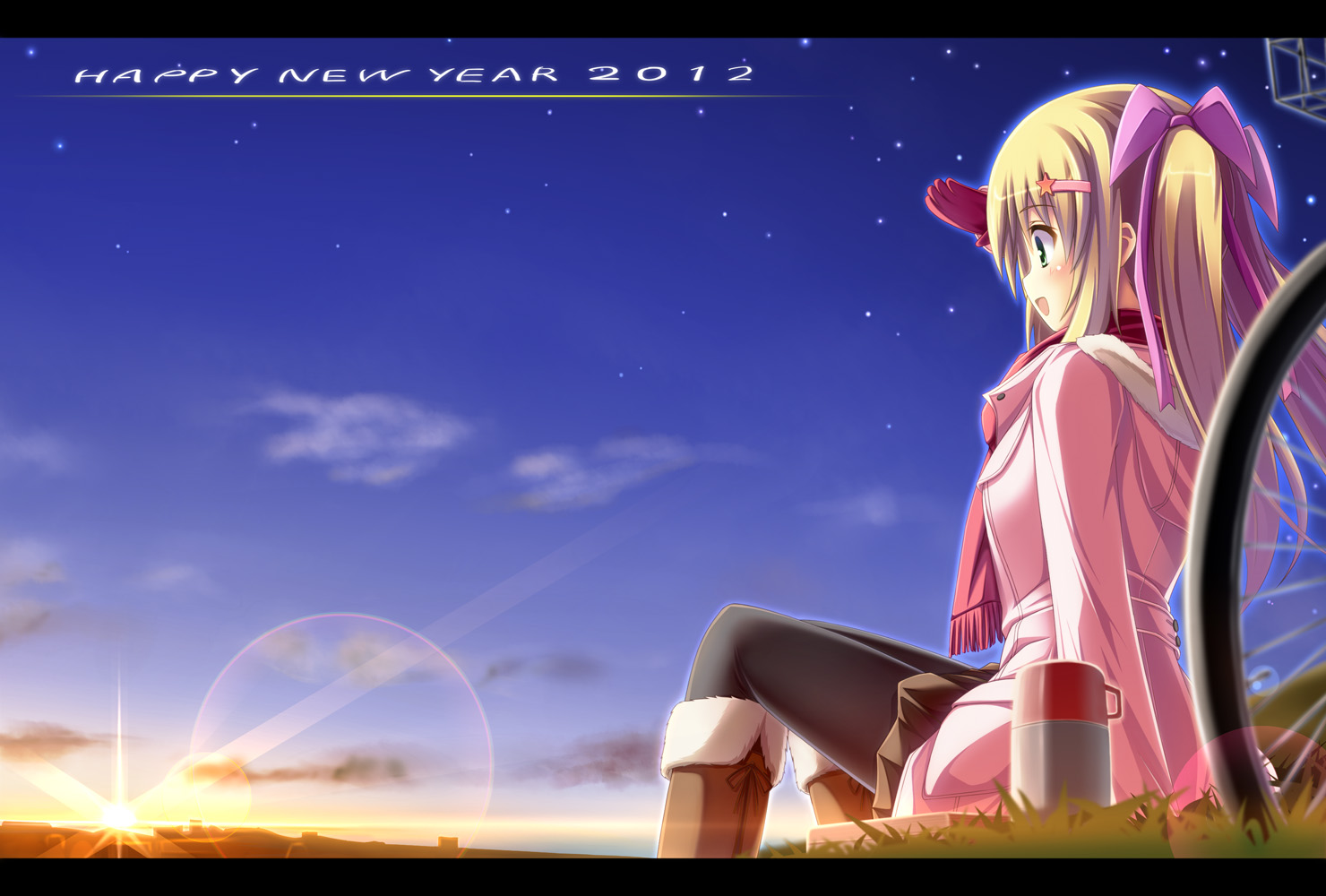 bicycle, blonde_hair, boots, clouds, ichiroku, original, scarf, sena_(ichiroku)