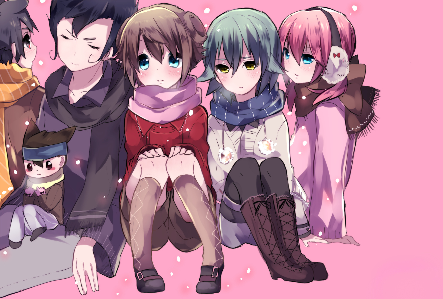 boots, genderswap, inazuma_eleven_go, kariya_masaki, kirino_ranmaru, matsukaze_tenma, nishizono_shinsuke, pink, scarf, tagme, tagme_(artist), tsurugi_kyousuke