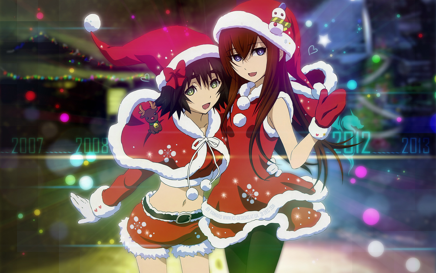 black_hair, blue_eyes, christmas, gloves, green_eyes, hat, long_hair, makise_kurisu