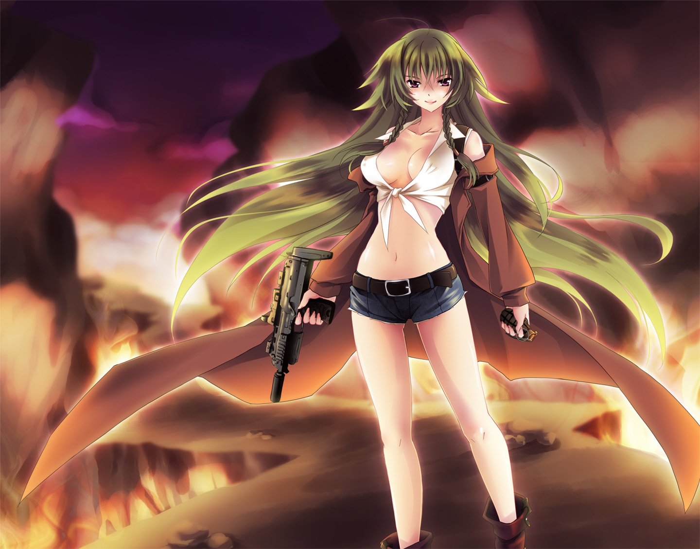 breasts, brown_eyes, green_hair, gun, long_hair, miyako910724, original, shorts, weapon