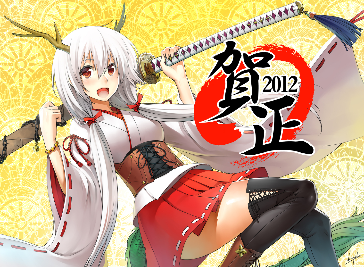 japanese_clothes, katana, kurojishi, long_hair, original, red_eyes, skirt, sword, tail, thighhighs, weapon, white_hair