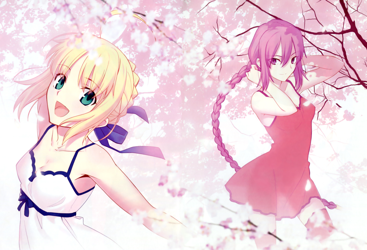 2girls, artoria_pendragon_(all), blonde_hair, dress, fate_(series), fate/stay_night, green_eyes, long_hair
