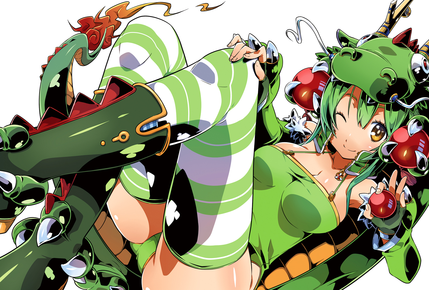 brown_eyes, dragon, green_hair, original, panties, underwear, yuuzii