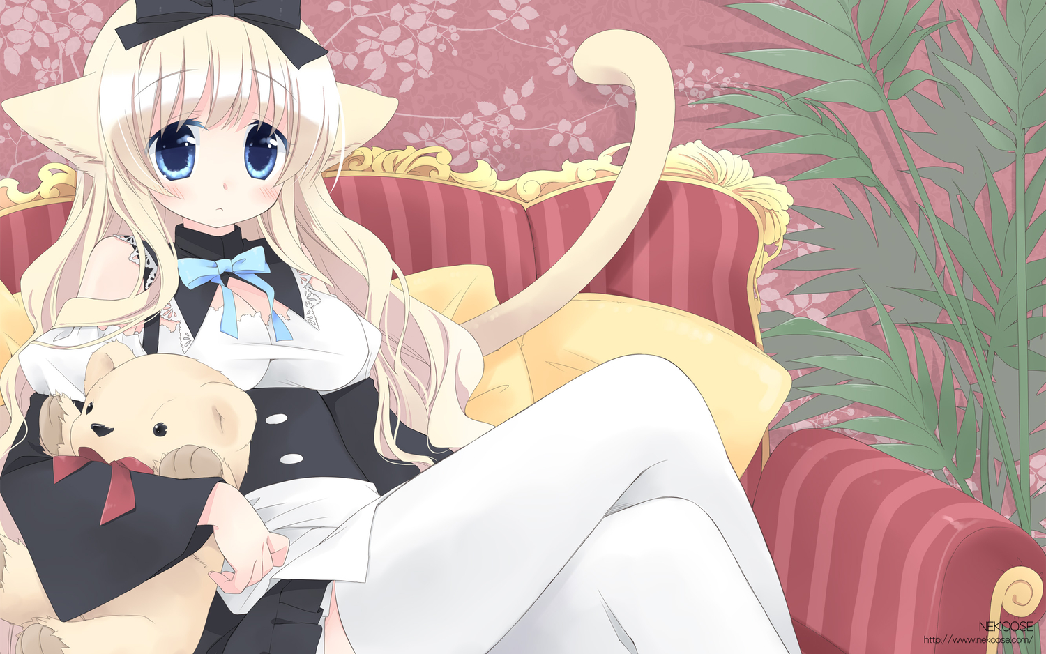 animal_ears, blonde_hair, nekono_osero, original, tail, teddy_bear, thighhighs