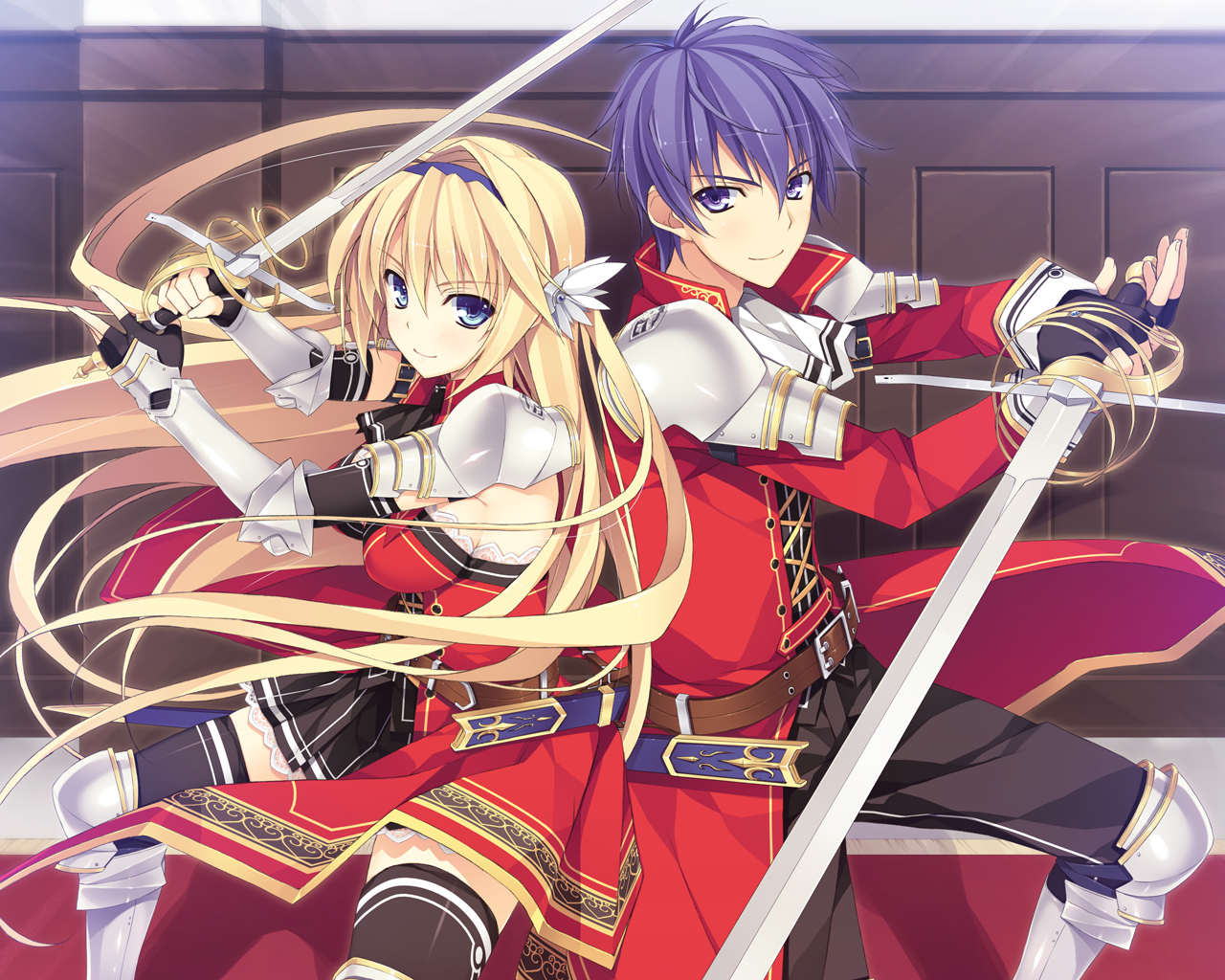 armor, blonde_hair, elcia_harvence, fujimori_kaname, game_cg, koikishi_purely_kiss, purple_hair, school_uniform