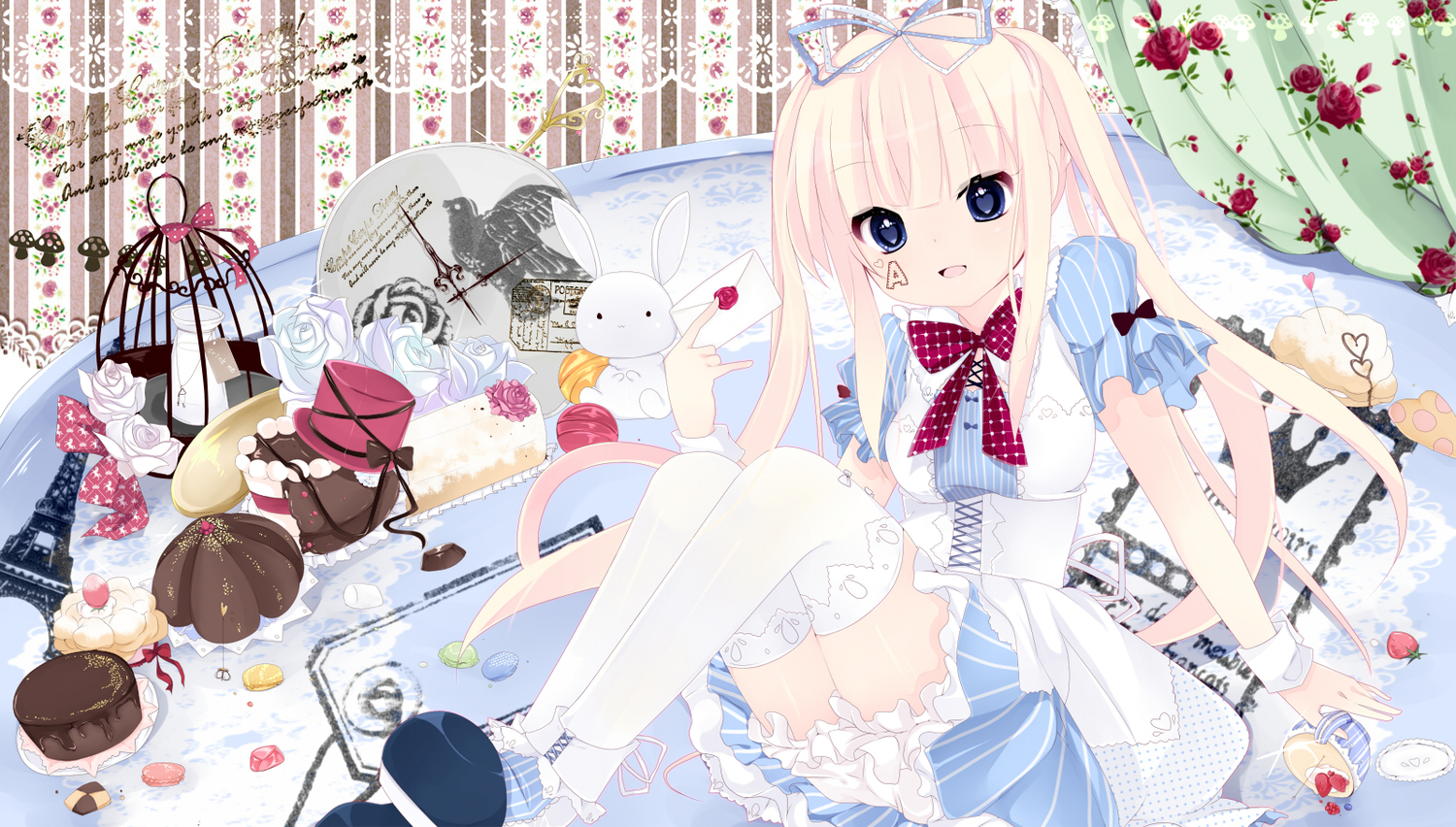 alice_in_wonderland, alice_(wonderland), cake, dress, flowers, food, original, pink_hair
