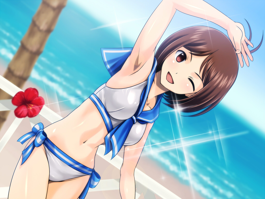 brown_hair, flowers, hidaka_ai, idolmaster, muhi11234, swimsuit, water, wink