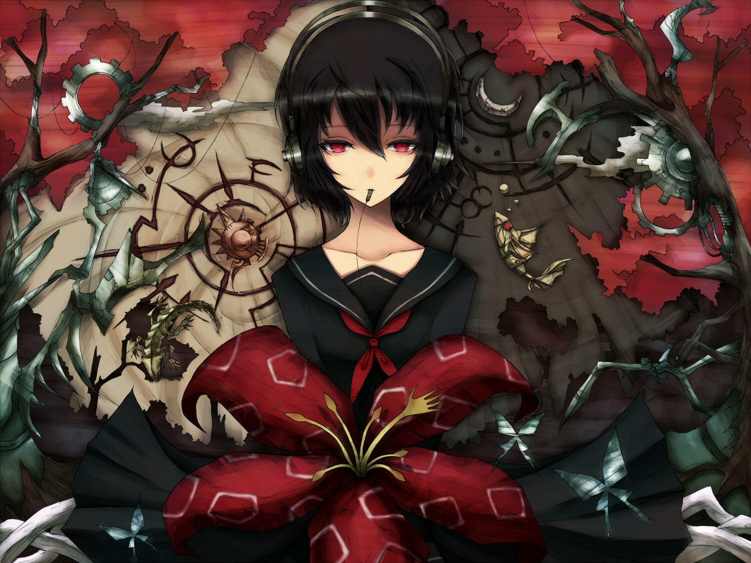 black, headphones, nene_nene, school_uniform, short_hair, utau