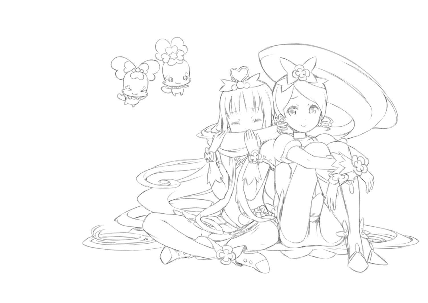 2girls, hanasaki_tsubomi, heartcatch_precure!, kuroboshi_kouhaku, kurumi_erika, long_hair, monochrome, precure