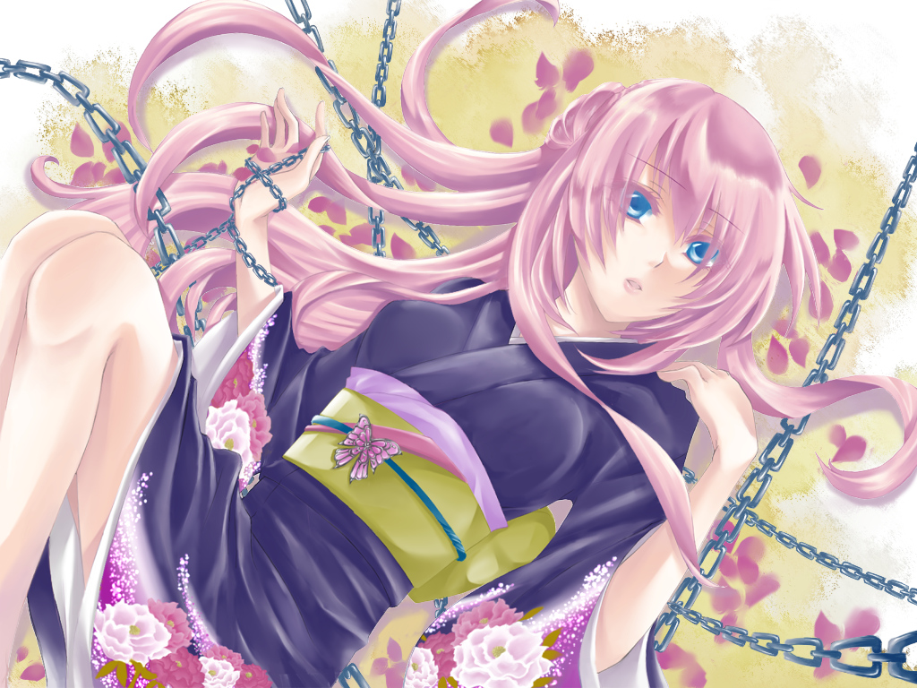 blue_eyes, chain, flowers, japanese_clothes, kimono, kurone_kuroneko, long_hair, megurine_luka