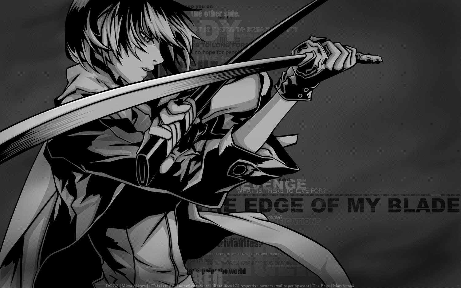 dogs:_bullets_&_carnage, fuyumine_naoto, gloves, katana, miwa_shirow, monochrome, sword, weapon